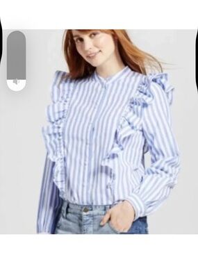 Who What Wear Blue and White Striped Ruffle Button-Down Blouse